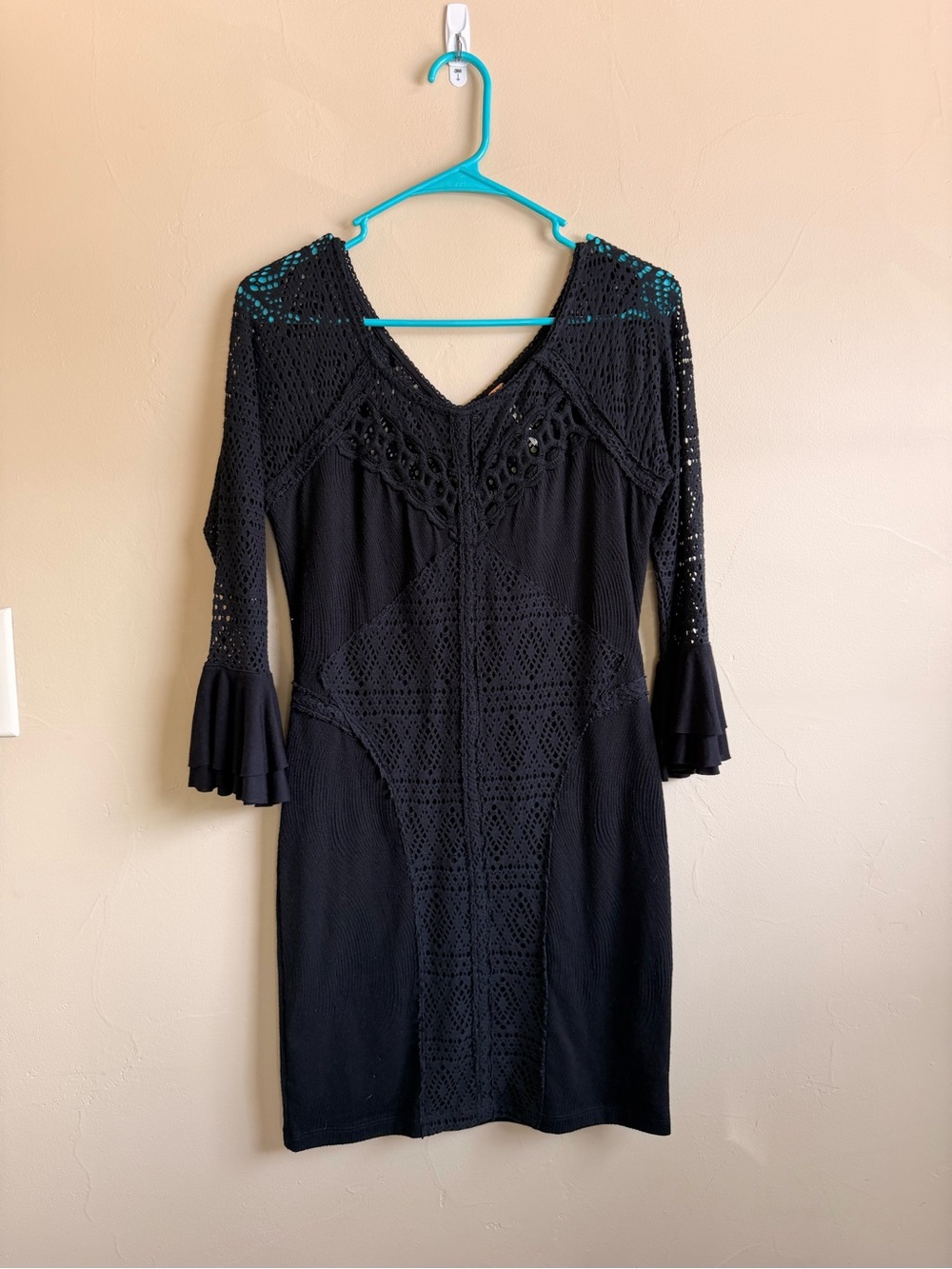 Free People Black Crochet V-Neck Long Sleeve Dress